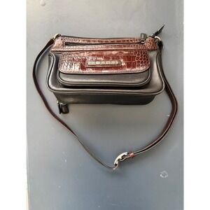 Brighton Black Brown Croc Embossed Leather Crossbody Organizer Bag S503143